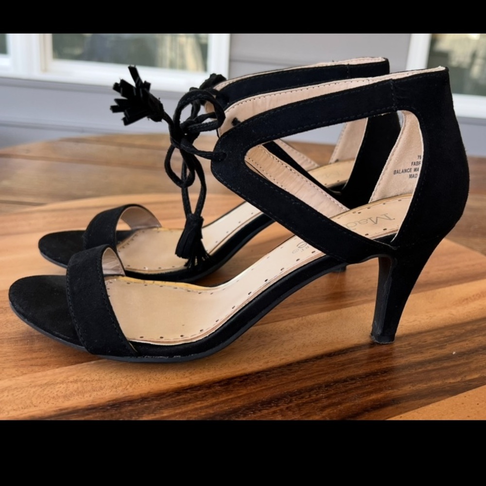 Madeline Stuart Black Heels Open Toe 3” Heel Suede-Look Tie Front Size 7
